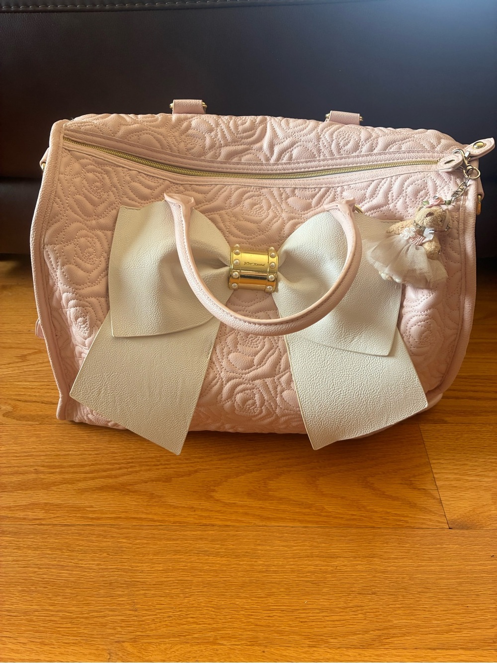 Blush Betsey Johnson Travel Bag with Cream Bow Accent